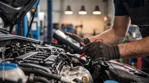 Mechanic Using a Digital Multimeter to Test Car Engine Electrical Components in a Professional Repair Shop
