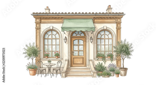 セージグリーンのオーニングと植物に囲まれたヨーロッパ風カフェの外観・水彩イラスト　Charming European Cafe Storefront with Sage Green Awning and Plants, Watercolor Illustration