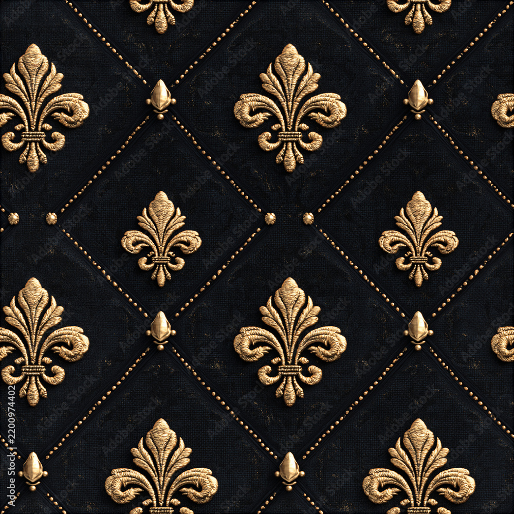 Fototapeta premium Seamless pattern golden fleur de lis emblems creating a luxurious seamless quilted pattern on dark fabric with elegant decorative studs