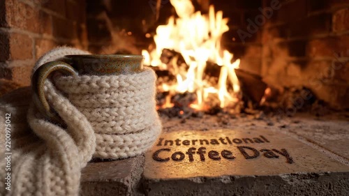 A cozy mug wrapped in a knitted cozy sits on a hearth in front of a warm, crackling fireplace, celebrating International Coffee Day.