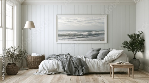Cozy modern living room with a serene ocean landscape painting, soft linens, and natural decor creating a relaxing coastal atmosphere for tranquility