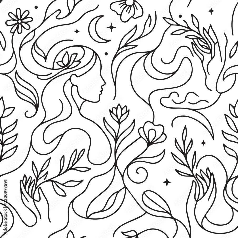 Fototapeta premium Seamless pattern with woman profile, flowers, hands, and moon