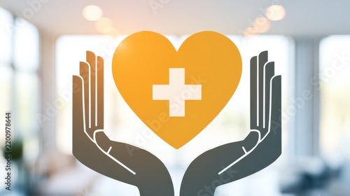 Two hands holding an orange heart with a white medical cross, symbolizing healthcare, care, and medical support in a bright, blurred background.