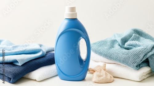 A blue laundry detergent bottle surrounded by neatly folded towels and a small mesh laundry bag on a light background.