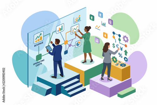 Business team collaborating on complex workflow and data analysis