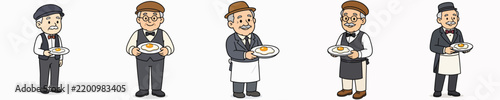 A vector set of an elderly waiter carrying a dish of delicious fried eggs.