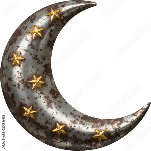 Shiny silver crescent moon with golden stars isolated on white