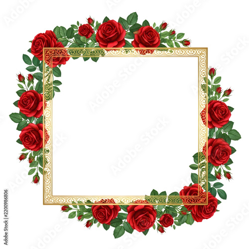 Square gold frame decorated with beautiful red roses and leaves