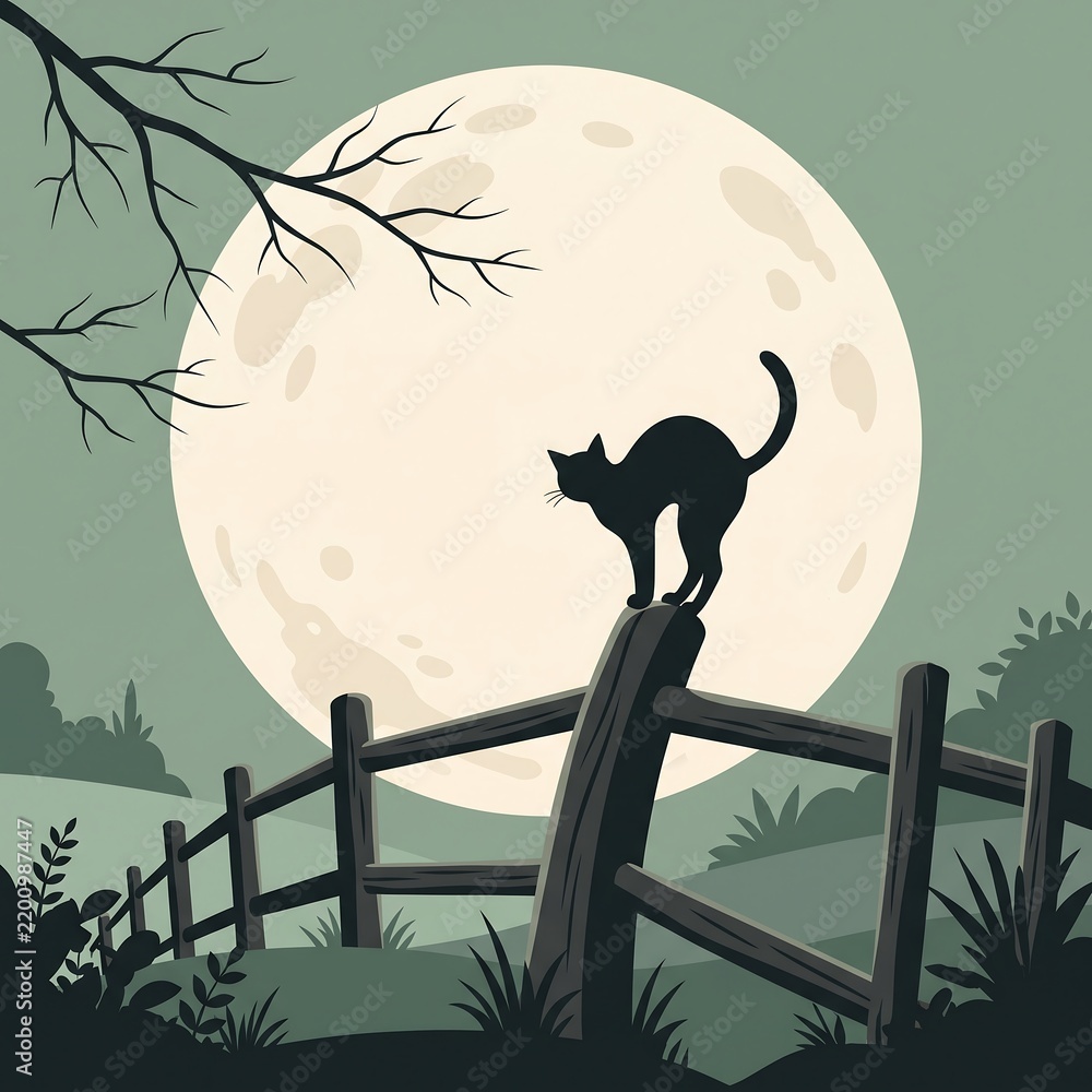Obraz premium Black silhouette Halloween cat arching back on rustic wooden fence under enormous full moon in quiet countryside landscape for mystical halloween night scene vector art. halloween