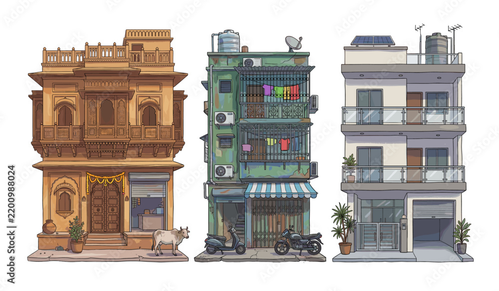 Obraz premium Three Distinct Styles of 2D Architectural Illustration Depicting Traditional Heritage Buildings and Modern Urban Residential Homes