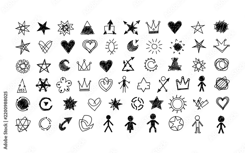 Fototapeta premium Set of hand drawn doodle shapes and icons including stars hearts and crowns on a white background