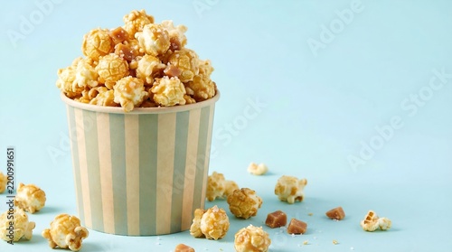 A bucket of caramel popcorn sits on a pastel blue background, with popcorn scattered around