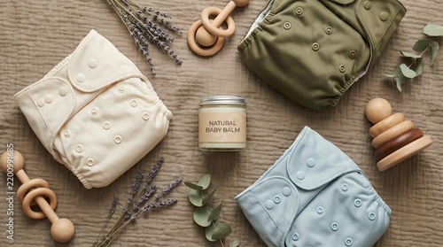 A collection of sustainable baby essentials laid out on a wooden surface, including cloth diapers, a wooden stacking toy, a baby balm, dried lavender, and eucalyptus sprigs