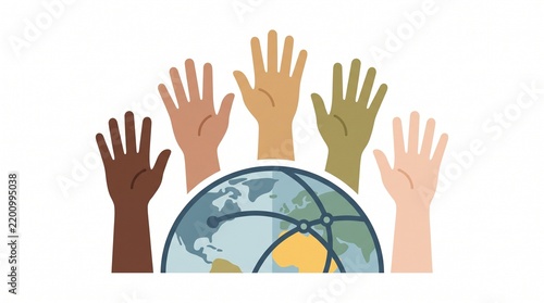 Diverse hands raised around globe illustration