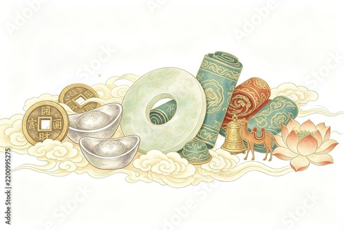 Traditional Chinese Painting Ancient Coins Silver Ingots Jade Bi Disc Scrolls Bell Camel Figurine Lotus And Clouds