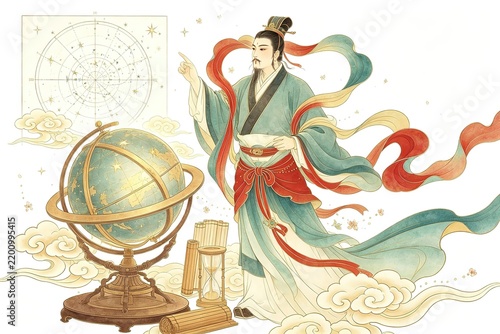 Traditional Chinese Painting Ancient Astronomer Pointing At Star Chart With Celestial Globe Hourglass And Bamboo Scrolls