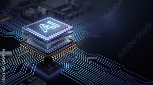Obraz na płótnie Futuristic microchip processor with glowing symbol mounted on complex dark circuit board representing advanced machine learning and high speed computing technology development concept