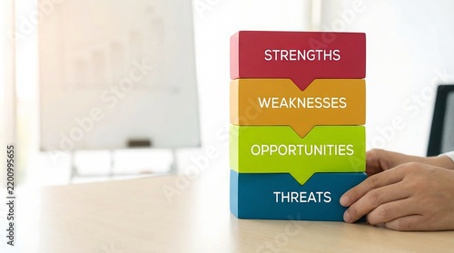 SWOT analysis in a business meeting with a stack of colorful blocks representing strengths, weaknesses, opportunities, and threats. A hand is visible reaching for the blocks.