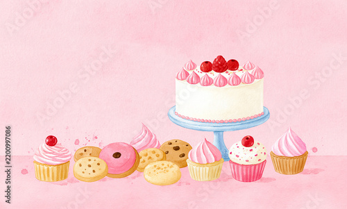 Watercolor-style illustration in a vertical composition. Pink watercolor background with a beautiful decorated cake displayed on a cake stand