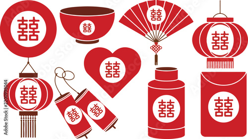 Collection of traditional chinese wedding symbols in red including lanterns, fans, bowls, and envelopes with double happiness characters