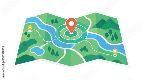 Folded map navigation concept with red location pin and dashed route line for travel destination planning
