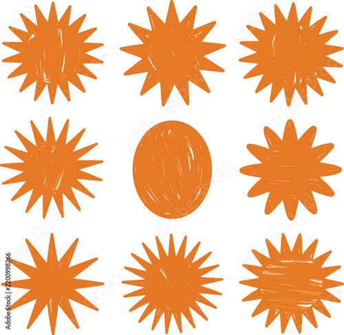 Set of nine hand drawn orange sun with various starburst shapes and textures isolated on a white background, for projects