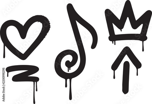 Set of three black graffiti style spray paint including a heart, a musical note, and a crown with dripping paint effects