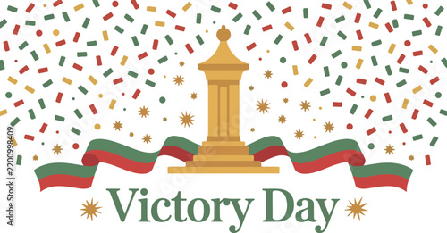 Victory day celebration with a central monument, red and green ribbon, and colorful confetti falling on a white background