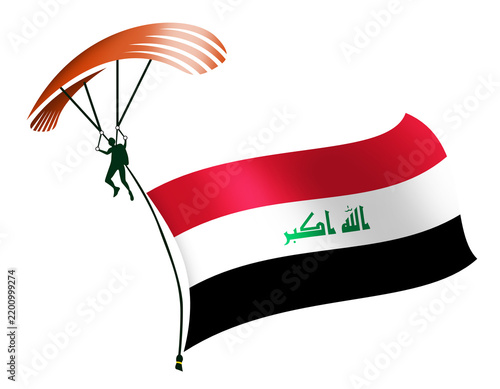 A skydiver, A paratrooper, A parachutist carrying a flag of Iraq