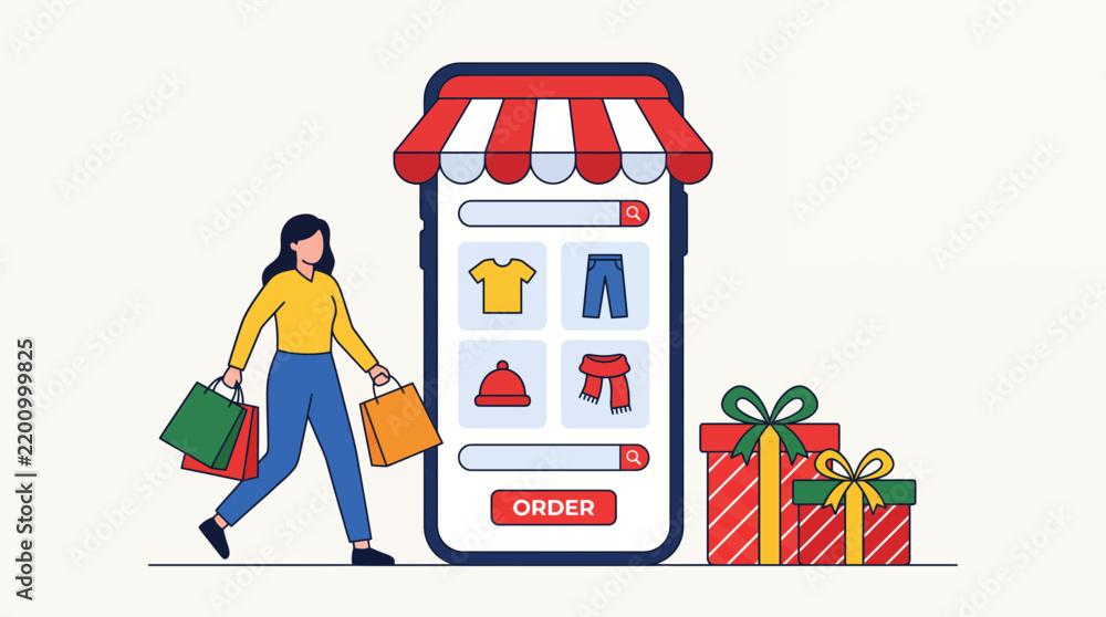 Fototapeta premium Woman shopping online with mobile device displaying clothing and accessories in e-commerce storefront setting