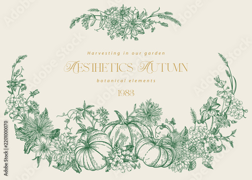 Vintage autumn border with pumpkins and flowers in engraving style. Botanical composition. Green. Perfect for cards, packaging, and decor. Cozy harvest aesthetic design layout.