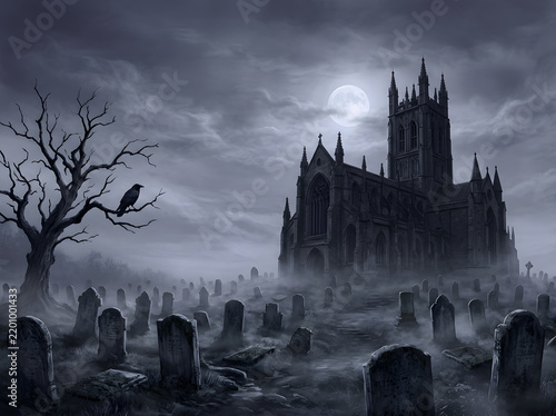 Spooky gothic church in foggy cemetery | Haunted graveyard landscape with full moon and crow | Eerie cathedral architecture at night with gravestones | Dark atmospheric horror background