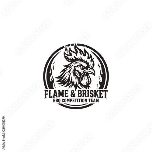 An aggressive rooster head logo featuring a fiery comb inside a circular frame against a white background. This bold emblem is perfect for a BBQ competition team badge.