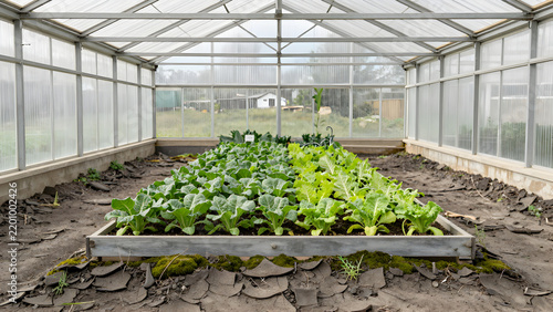 Green leafy vegetables growing in a greenhouse structure