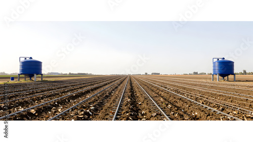 Agricultural field with irrigation lines and water tanks under clear