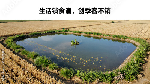 Pond in a harvested field with surrounding crops