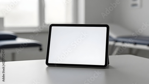 Blank tablet on white desk in modern office setting