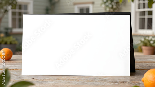Blank white card mockup on rustic wooden table with fruit
