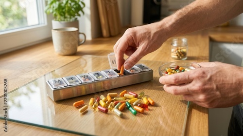 Man's hands sorting colorful capsules and pills into a daily pill organizer on a wooden kitchen counter.