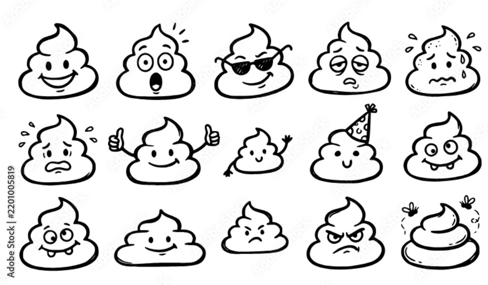 Fototapeta premium Funny Poop Doodle Collection – Hand Drawn Cartoon Vector Set