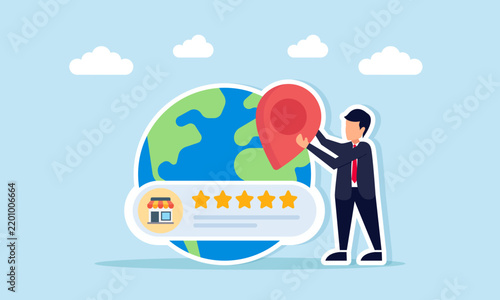Businessman Holding Location Pin Marker Near Globe And Five Star Rated Shop Label Illustration Of Strategic Business Location Setting