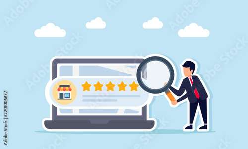 Businessman Holding Magnifying Glass Near Laptop And Five Star Rated Shop Label Illustration Of Surveying Strategic Business Location