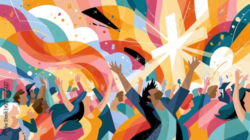 A diverse crowd rejoices with raised arms amidst a vibrant explosion of color and light.