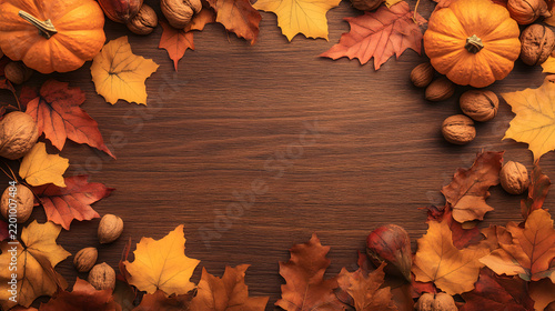 Autumn decorative arrangement of leaves pumpkins and nuts on wooden surface with nuts arranged wooden background colorful autumn centerpiece combination composition ornamental