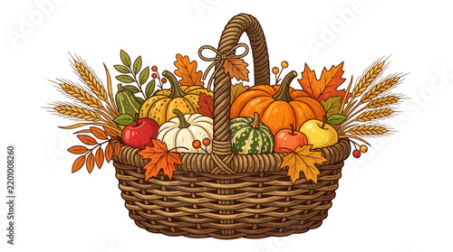Wicker basket filled with colorful autumn pumpkins, leaves, and seasonal harvest crops