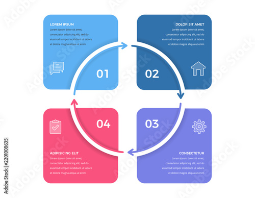 Four step infographic template with square panels arranged in a cycle joined by central arrows. 4 steps process flow chart or business graphic. Vector illustration
