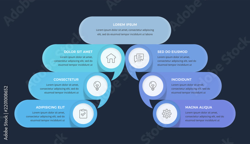 Hierarchical structure infographic template with main top element followed by six cascading speech-bubble shaped banners. Dark background