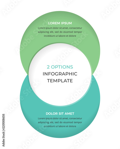 Vertical two options infographic template featuring overlapping circles arranged horizontally. 2 options comparison chart, venn diagram for business data. Vector illustration