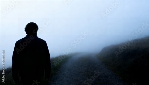 Silhouette of a lone person walking on a misty path, exploring life's journey and future.