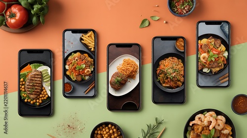 Food delivery smartphones displaying colorful meals on a restaurant table